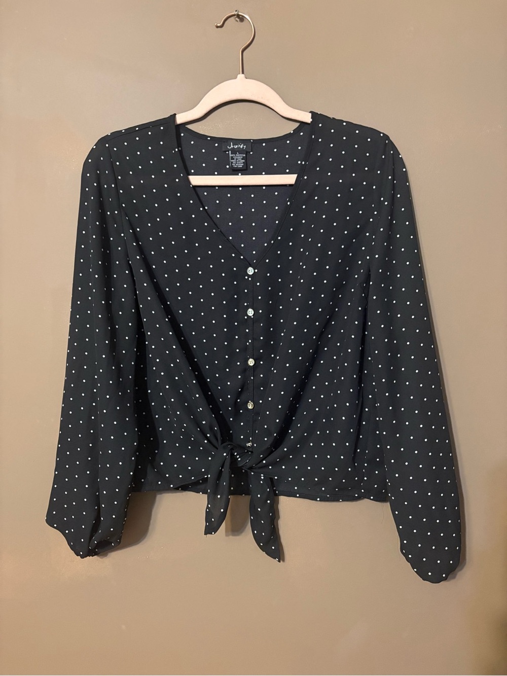 Justify Black Polka Dot Tie-Front Button Blouse